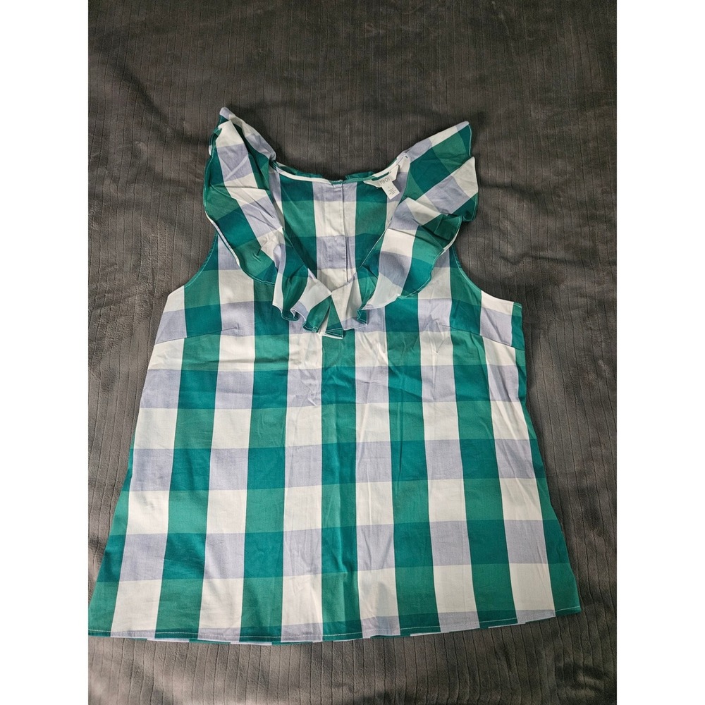 1901 Nordstrom Green Gingham Ruffle V-Neck Sleeveless Button Back Blouse Large